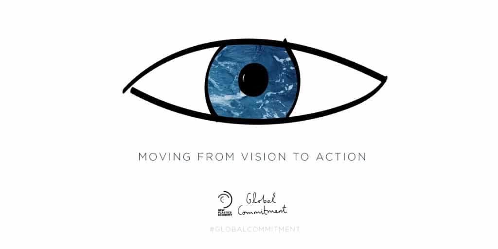 New Plastics Economy Global Commitment tag line Moving From Vision To Action illustration of eye with ocean water