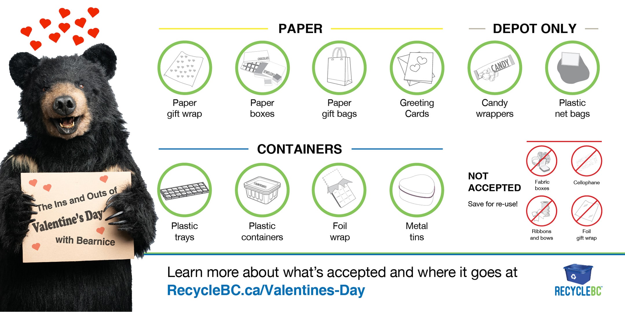 Info graphic showing packaging and paper accepted by Recycle BC that are commonly associated with Valentine's Day
