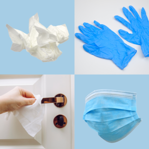 Photo grid of used tissue, latex gloves, disinfectant wipes, and face mask