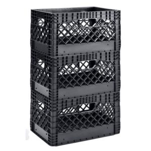 stack of three black plastic milk crates
