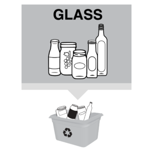 grey box filled with glass bottles and jars