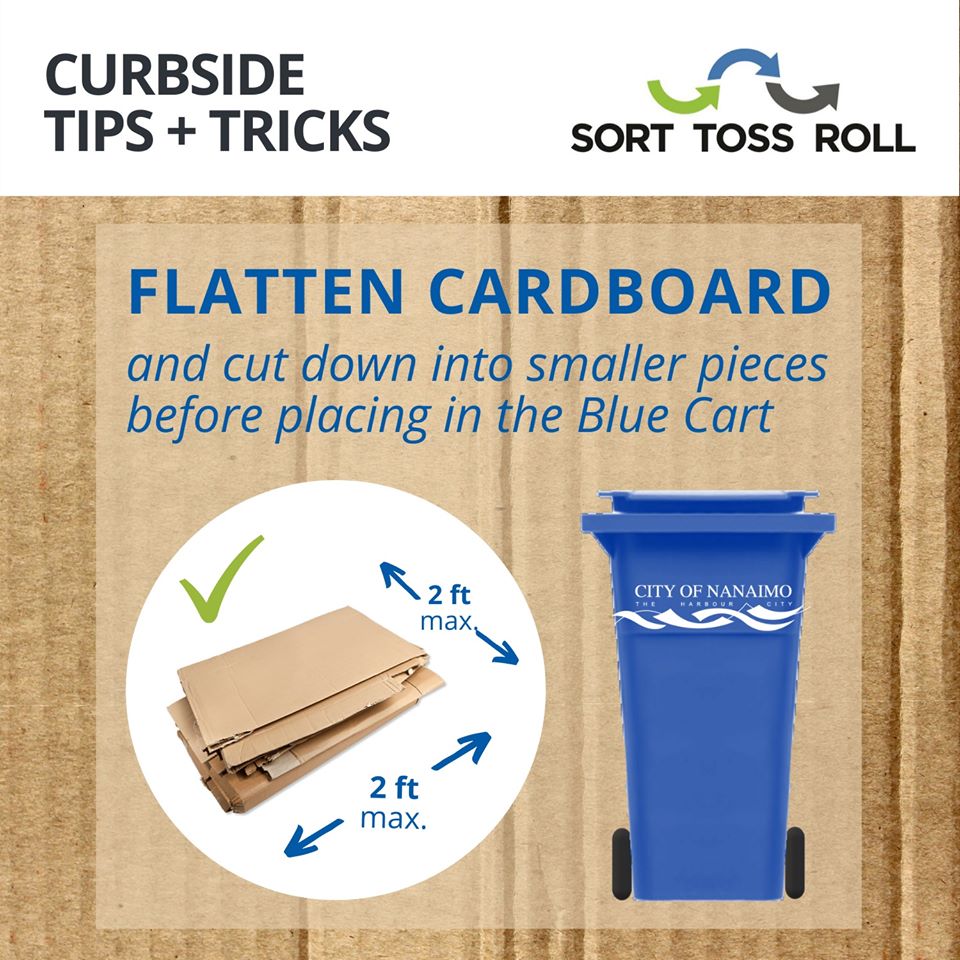 Info graphic regarding recycling contamination from City of Nanaimo with cardboard flattening tips for recycling