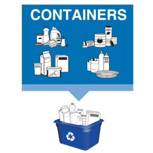 blue box with mixed containers under title Containers with examples of material