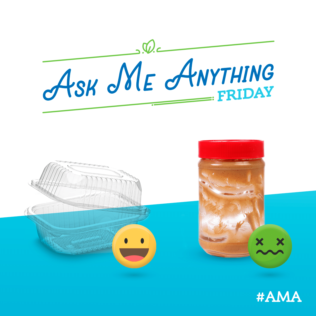 Ask Me Anything Friday picturing an empty clean plastic clamshell container and a peanut butter jar that looks mostly full