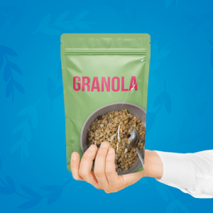 Hand holding zipper lock pouch labeled granola