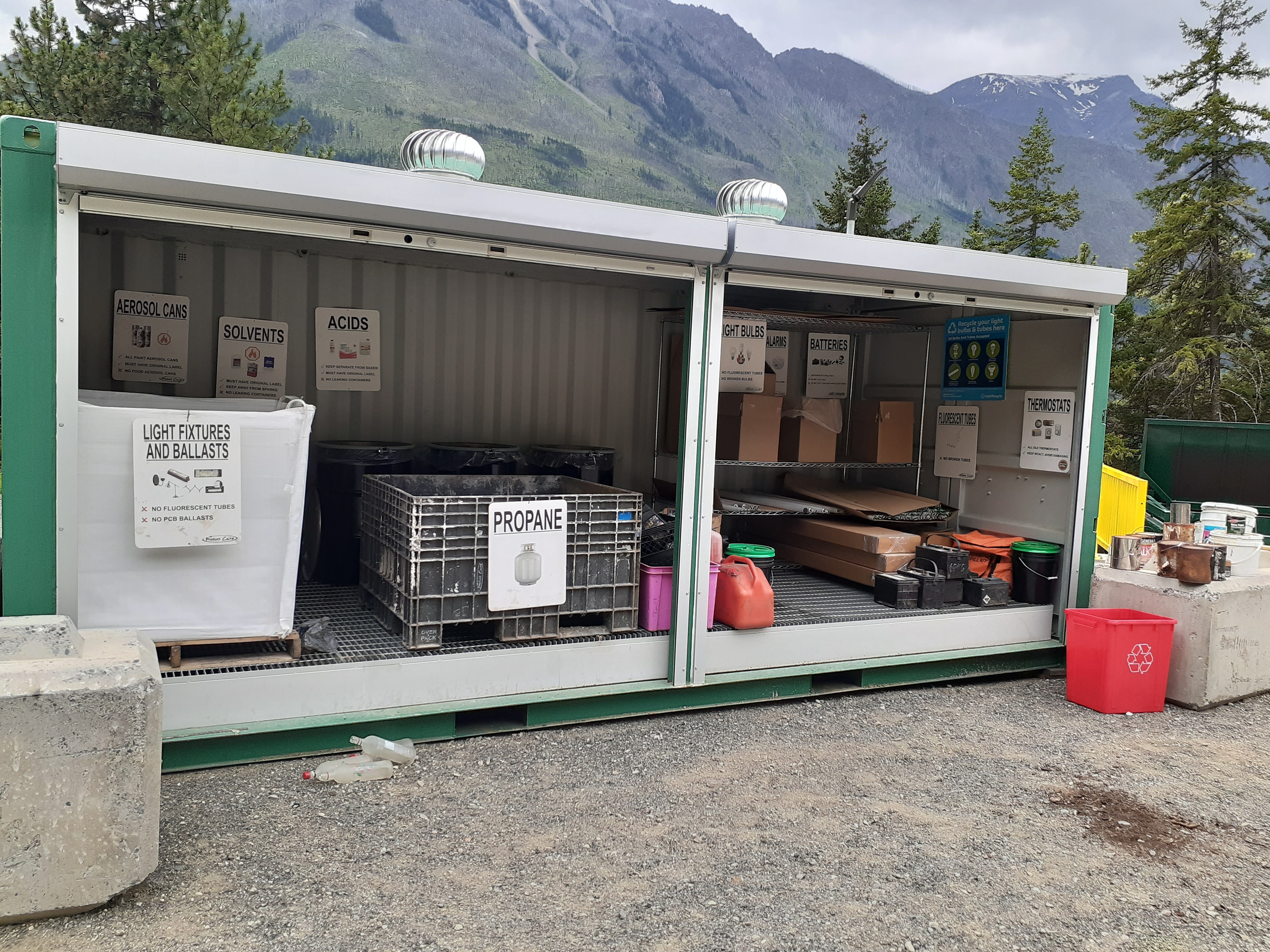 Tsal'alh Transfer Station and Eco Depot at Seton Lake BC showing collection for batteries and other hazardous material