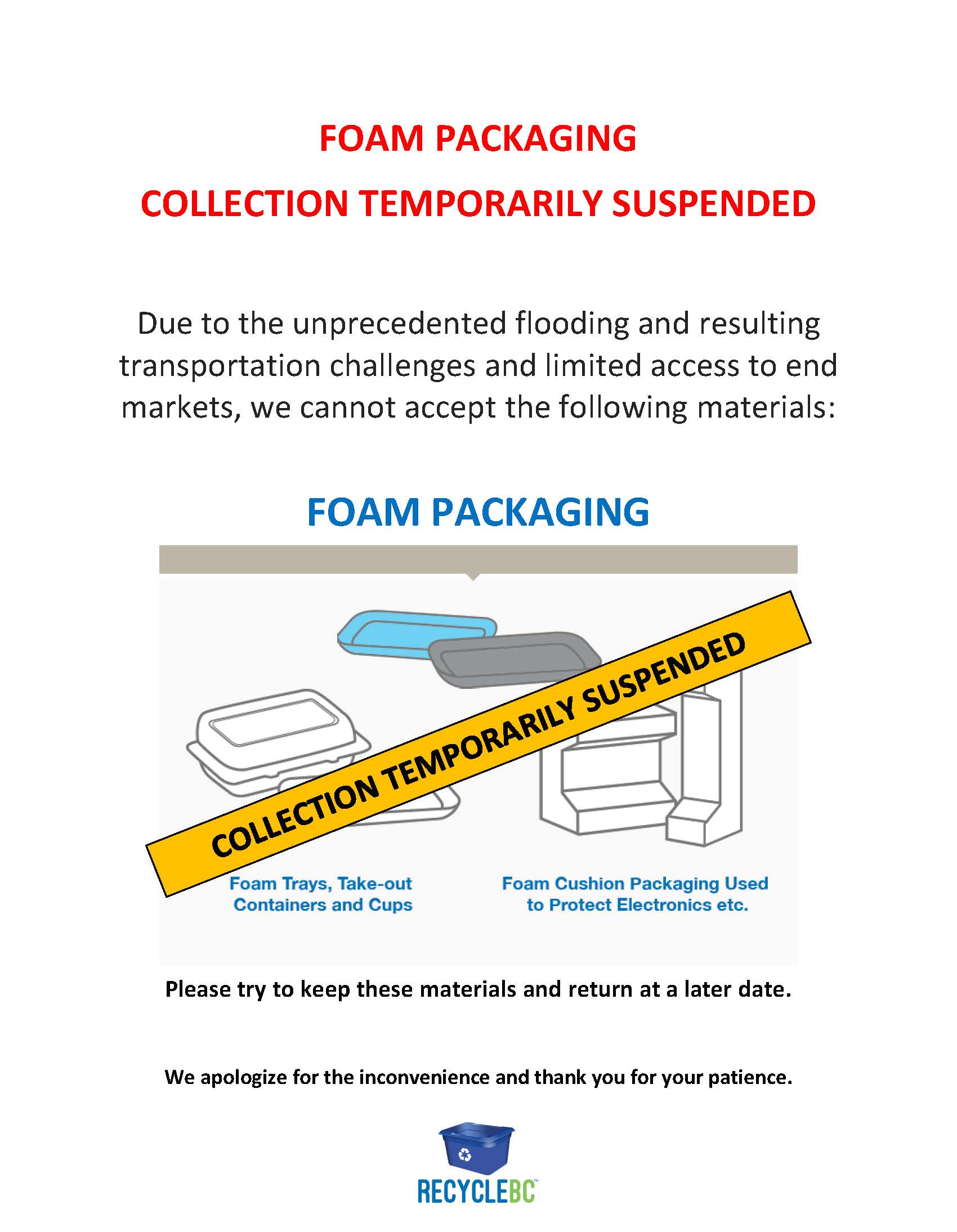 Download PDF for foam packaging bin notice