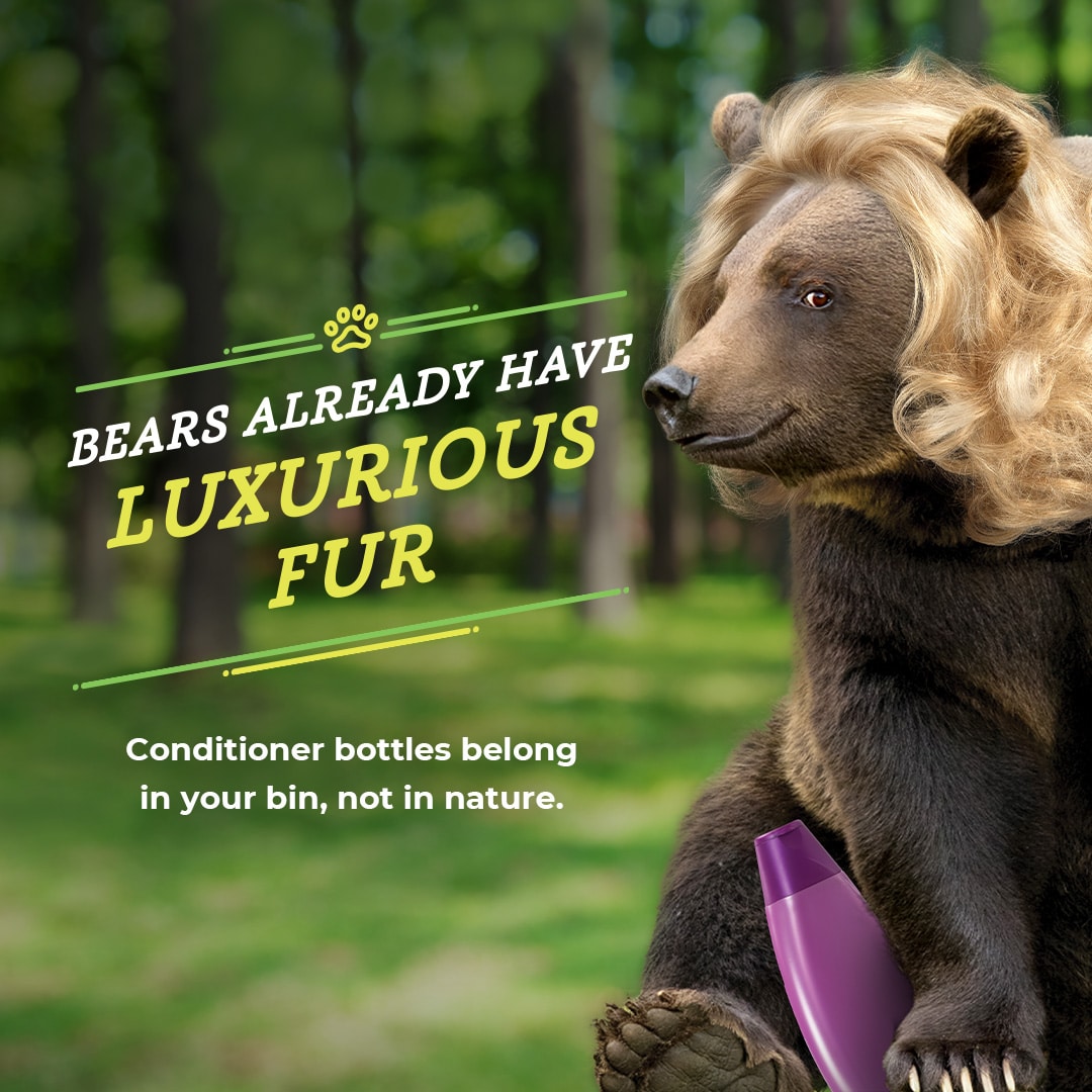 Photo of a bear with a blonde wig and text reads conditioner bottles belong in your bin not in nature