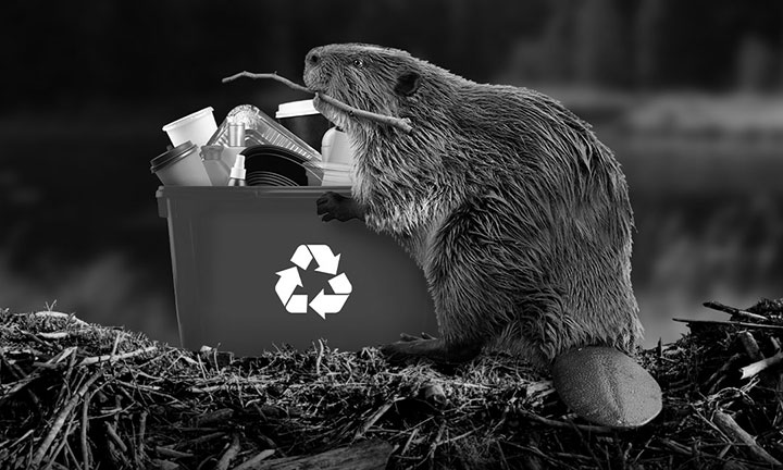 Photo of Chuck a beaver posed with a blue bin